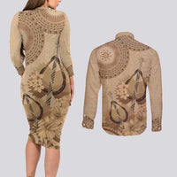 Brown Bula Fiji Couples Matching Long Sleeve Bodycon Dress and Long Sleeve Button Shirt Fijian Dance Fan Tapa Cloth Pattern