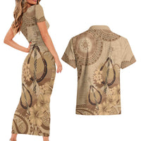 Brown Bula Fiji Couples Matching Short Sleeve Bodycon Dress and Hawaiian Shirt Fijian Dance Fan Tapa Cloth Pattern LT14 - Polynesian Pride