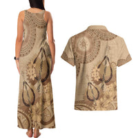 Brown Bula Fiji Couples Matching Tank Maxi Dress and Hawaiian Shirt Fijian Dance Fan Tapa Cloth Pattern