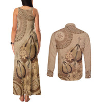 Brown Bula Fiji Couples Matching Tank Maxi Dress and Long Sleeve Button Shirt Fijian Dance Fan Tapa Cloth Pattern