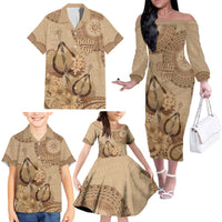 Brown Bula Fiji Family Matching Off The Shoulder Long Sleeve Dress and Hawaiian Shirt Fijian Dance Fan Tapa Cloth Pattern LT14 - Polynesian Pride