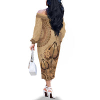 Brown Bula Fiji Family Matching Off The Shoulder Long Sleeve Dress and Hawaiian Shirt Fijian Dance Fan Tapa Cloth Pattern LT14 - Polynesian Pride