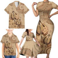 Brown Bula Fiji Family Matching Short Sleeve Bodycon Dress and Hawaiian Shirt Fijian Dance Fan Tapa Cloth Pattern LT14 - Polynesian Pride