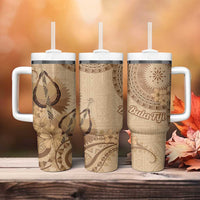 Brown Bula Fiji Tumbler With Handle Fijian Dance Fan Tapa Cloth Pattern