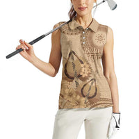 Brown Bula Fiji Women Sleeveless Polo Shirt Fijian Dance Fan Tapa Cloth Pattern