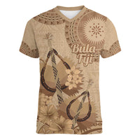 Brown Bula Fiji Women V-Neck T-Shirt Fijian Dance Fan Tapa Cloth Pattern