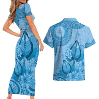 Blue Bula Fiji Couples Matching Short Sleeve Bodycon Dress and Hawaiian Shirt Fijian Dance Fan Tapa Cloth Pattern LT14 - Polynesian Pride