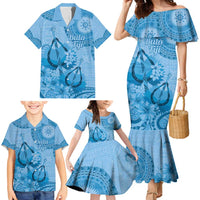 Blue Bula Fiji Family Matching Mermaid Dress and Hawaiian Shirt Fijian Dance Fan Tapa Cloth Pattern LT14 - Polynesian Pride