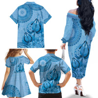 Blue Bula Fiji Family Matching Off The Shoulder Long Sleeve Dress and Hawaiian Shirt Fijian Dance Fan Tapa Cloth Pattern LT14 - Polynesian Pride