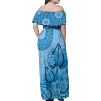 Blue Bula Fiji Family Matching Off Shoulder Maxi Dress and Hawaiian Shirt Fijian Dance Fan Tapa Cloth Pattern LT14 - Polynesian Pride
