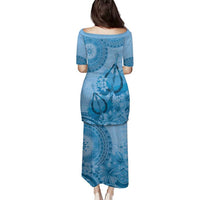 Blue Bula Fiji Family Matching Puletasi and Hawaiian Shirt Fijian Dance Fan Tapa Cloth Pattern