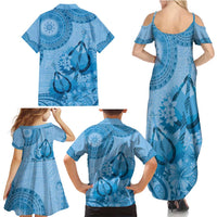 Blue Bula Fiji Family Matching Summer Maxi Dress and Hawaiian Shirt Fijian Dance Fan Tapa Cloth Pattern LT14 - Polynesian Pride
