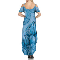 Blue Bula Fiji Family Matching Summer Maxi Dress and Hawaiian Shirt Fijian Dance Fan Tapa Cloth Pattern LT14 - Polynesian Pride