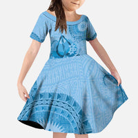 Blue Bula Fiji Family Matching Tank Maxi Dress and Hawaiian Shirt Fijian Dance Fan Tapa Cloth Pattern LT14 Daughter's Dress Blue - Polynesian Pride