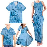 Blue Bula Fiji Family Matching Tank Maxi Dress and Hawaiian Shirt Fijian Dance Fan Tapa Cloth Pattern LT14 - Polynesian Pride