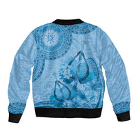 Blue Bula Fiji Sleeve Zip Bomber Jacket Fijian Dance Fan Tapa Cloth Pattern