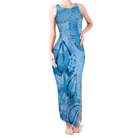 Blue Bula Fiji Tank Maxi Dress Fijian Dance Fan Tapa Cloth Pattern