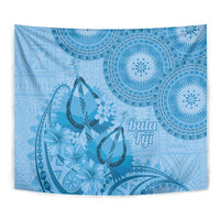 Blue Bula Fiji Tapestry Fijian Dance Fan Tapa Cloth Pattern