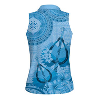 Blue Bula Fiji Women Sleeveless Polo Shirt Fijian Dance Fan Tapa Cloth Pattern