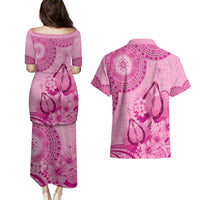 Pink Bula Fiji Couples Matching Puletasi and Hawaiian Shirt Fijian Dance Fan Tapa Cloth Pattern