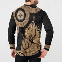 Black Bula Fiji Button Sweatshirt Fijian Dance Fan Tapa Cloth Pattern