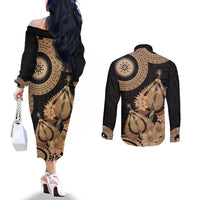 Black Bula Fiji Couples Matching Off The Shoulder Long Sleeve Dress and Long Sleeve Button Shirt Fijian Dance Fan Tapa Cloth Pattern