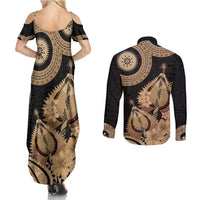 Black Bula Fiji Couples Matching Summer Maxi Dress and Long Sleeve Button Shirt Fijian Dance Fan Tapa Cloth Pattern