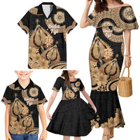 Black Bula Fiji Family Matching Mermaid Dress and Hawaiian Shirt Fijian Dance Fan Tapa Cloth Pattern LT14 - Polynesian Pride