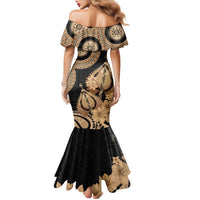 Black Bula Fiji Family Matching Mermaid Dress and Hawaiian Shirt Fijian Dance Fan Tapa Cloth Pattern LT14 - Polynesian Pride