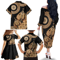 Black Bula Fiji Family Matching Off The Shoulder Long Sleeve Dress and Hawaiian Shirt Fijian Dance Fan Tapa Cloth Pattern LT14 - Polynesian Pride