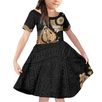 Black Bula Fiji Family Matching Off Shoulder Short Dress and Hawaiian Shirt Fijian Dance Fan Tapa Cloth Pattern LT14 Daughter's Dress Black - Polynesian Pride