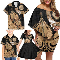Black Bula Fiji Family Matching Off Shoulder Short Dress and Hawaiian Shirt Fijian Dance Fan Tapa Cloth Pattern LT14 - Polynesian Pride