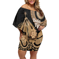 Black Bula Fiji Family Matching Off Shoulder Short Dress and Hawaiian Shirt Fijian Dance Fan Tapa Cloth Pattern LT14 Mom's Dress Black - Polynesian Pride