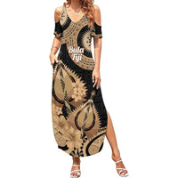 Black Bula Fiji Family Matching Summer Maxi Dress and Hawaiian Shirt Fijian Dance Fan Tapa Cloth Pattern LT14 Mom's Dress Black - Polynesian Pride