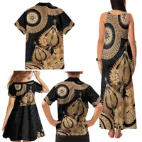 Black Bula Fiji Family Matching Tank Maxi Dress and Hawaiian Shirt Fijian Dance Fan Tapa Cloth Pattern LT14 - Polynesian Pride