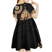 Black Bula Fiji Kid Short Sleeve Dress Fijian Dance Fan Tapa Cloth Pattern LT14 - Polynesian Pride
