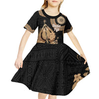 Black Bula Fiji Kid Short Sleeve Dress Fijian Dance Fan Tapa Cloth Pattern LT14 - Polynesian Pride