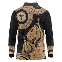 Black Bula Fiji Long Sleeve Polo Shirt Fijian Dance Fan Tapa Cloth Pattern