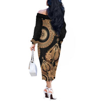 Black Bula Fiji Off The Shoulder Long Sleeve Dress Fijian Dance Fan Tapa Cloth Pattern