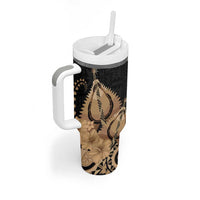 Black Bula Fiji Tumbler With Handle Fijian Dance Fan Tapa Cloth Pattern