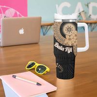 Black Bula Fiji Tumbler With Handle Fijian Dance Fan Tapa Cloth Pattern