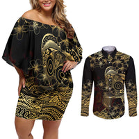 Frangipani Festival Rabaul Couples Matching Off Shoulder Short Dress and Long Sleeve Button Shirt PNG Tribal Baining Mask Tattoo LT14 Black - Polynesian Pride