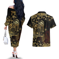 Frangipani Festival Rabaul Couples Matching Off The Shoulder Long Sleeve Dress and Hawaiian Shirt PNG Tribal Baining Mask Tattoo LT14 - Polynesian Pride