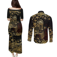 Frangipani Festival Rabaul Couples Matching Puletasi and Long Sleeve Button Shirt PNG Tribal Baining Mask Tattoo LT14 - Polynesian Pride