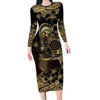Frangipani Festival Rabaul Family Matching Long Sleeve Bodycon Dress and Hawaiian Shirt PNG Tribal Baining Mask Tattoo LT14 Mom's Dress Black - Polynesian Pride