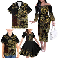 Frangipani Festival Rabaul Family Matching Off The Shoulder Long Sleeve Dress and Hawaiian Shirt PNG Tribal Baining Mask Tattoo LT14 - Polynesian Pride