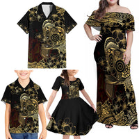 Frangipani Festival Rabaul Family Matching Off Shoulder Maxi Dress and Hawaiian Shirt PNG Tribal Baining Mask Tattoo LT14 - Polynesian Pride