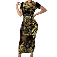 Frangipani Festival Rabaul Family Matching Short Sleeve Bodycon Dress and Hawaiian Shirt PNG Tribal Baining Mask Tattoo LT14 Mom's Dress Black - Polynesian Pride