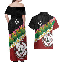 Frangipani Festival Rabaul East New Britain Couples Matching Off Shoulder Maxi Dress and Hawaiian Shirt Dukduk Dance With Plumeria LT14 - Polynesian Pride