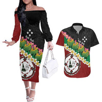 Frangipani Festival Rabaul East New Britain Couples Matching Off The Shoulder Long Sleeve Dress and Hawaiian Shirt Dukduk Dance With Plumeria LT14 Red - Polynesian Pride